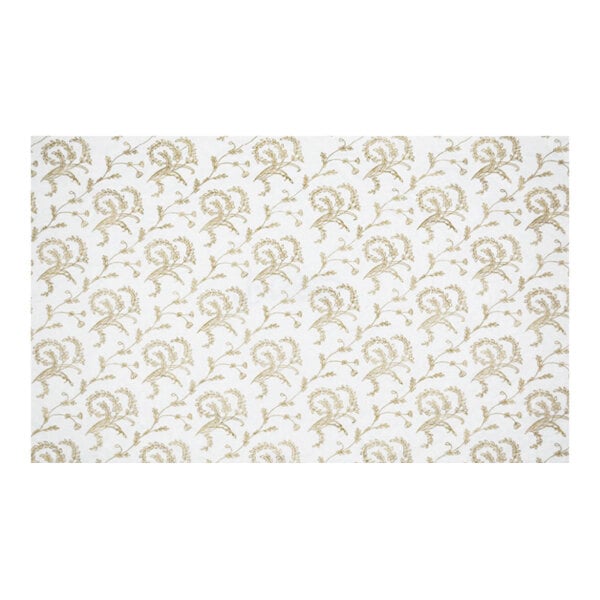 A white background with a white and gold floral pattern.