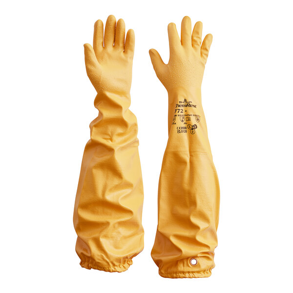 A yellow bag with a pair of yellow Showa double-coated nitrile gloves inside.