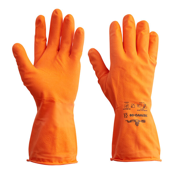 A pair of orange Showa biodegradable nitrile gloves with an orange cuff.