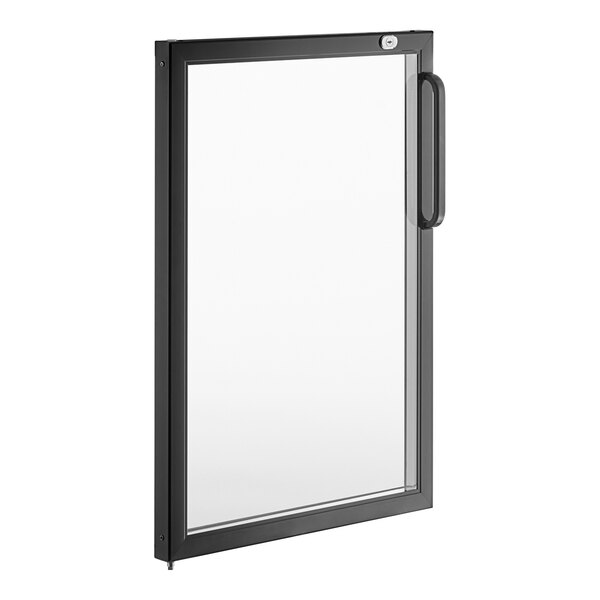 A black rectangular glass door with a handle.