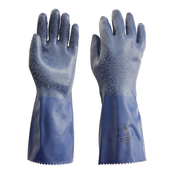 A pair of blue Showa rubber gloves with a rough grip.