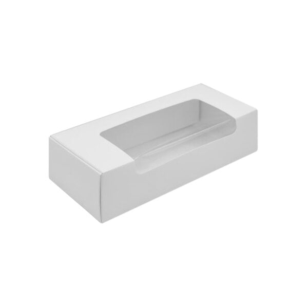 A 1 lb. white candy box with a rectangular window and a lid.