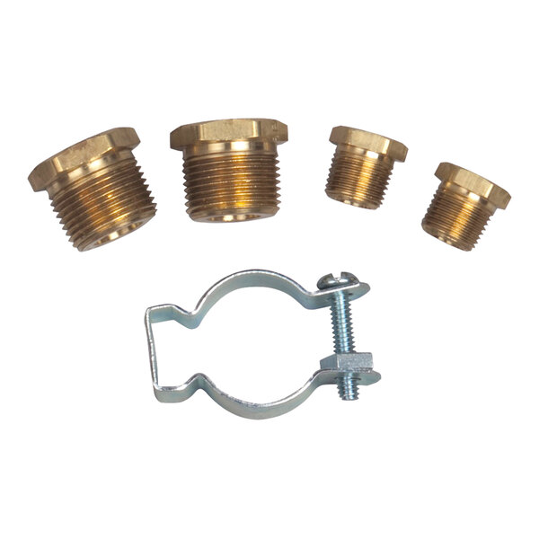 A metal clamp with a nut attached to brass threaded pipe fittings.