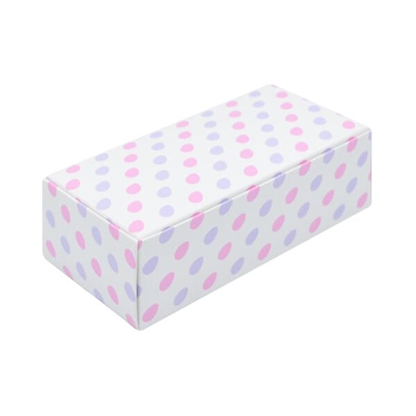 A white 1/2 lb. Easter eggs candy box with pink and purple polka dots.