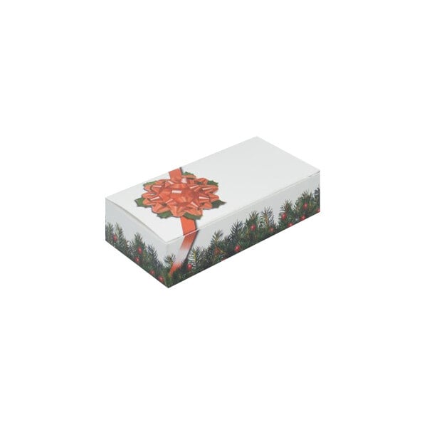 A white box with a red bow on top.