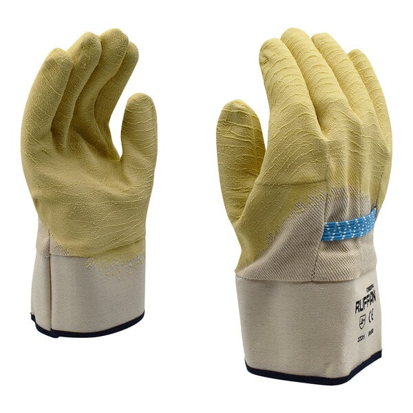 A pair of yellow Cordova Ruffian gloves with blue trim and canvas lining.