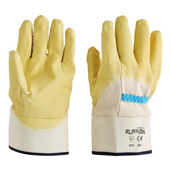 A pair of yellow gloves with white canvas lining and a white band with blue stripes.