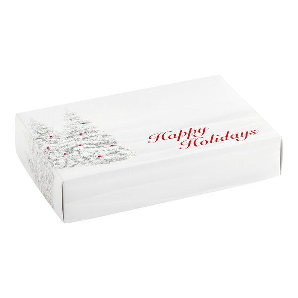 A white rectangular candy box with a holiday tree design and the words 'Happy Holidays' printed on the lid.
