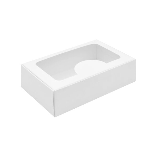 A white rectangular 1/2 lb. candy box with a rectangular window.