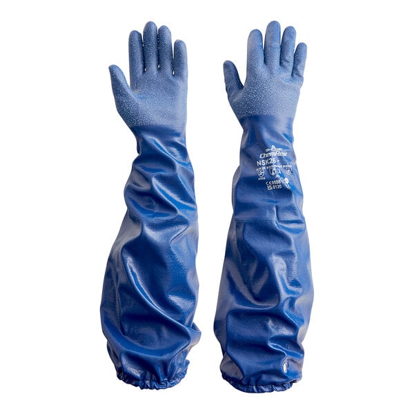 A pair of blue Showa nitrile gloves with a rough grip.