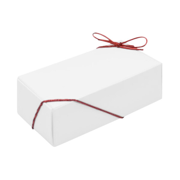 A white box tied with red string.