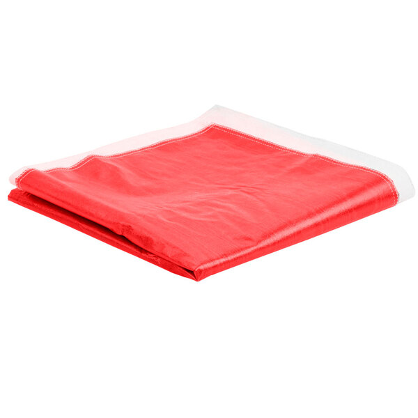 A red folded vinyl table cover with a flannel back on a white background.