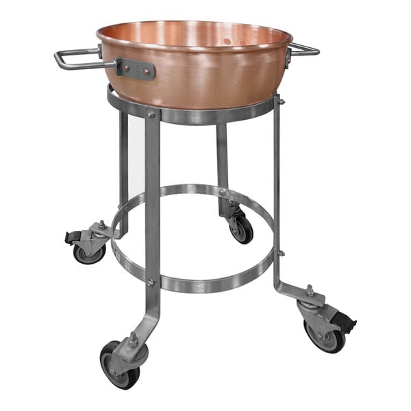 A copper pot in a Savage Bros Kettle Dolly.