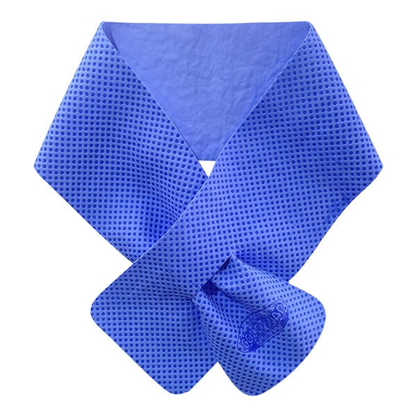 A close-up of a blue Cordova Cooling Band with a triangle pattern in the fabric.