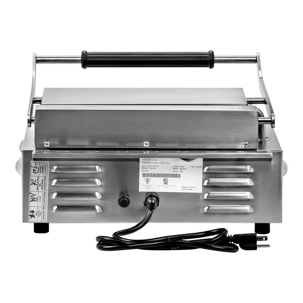 A Vollrath commercial panini grill with smooth plates and a black handle.