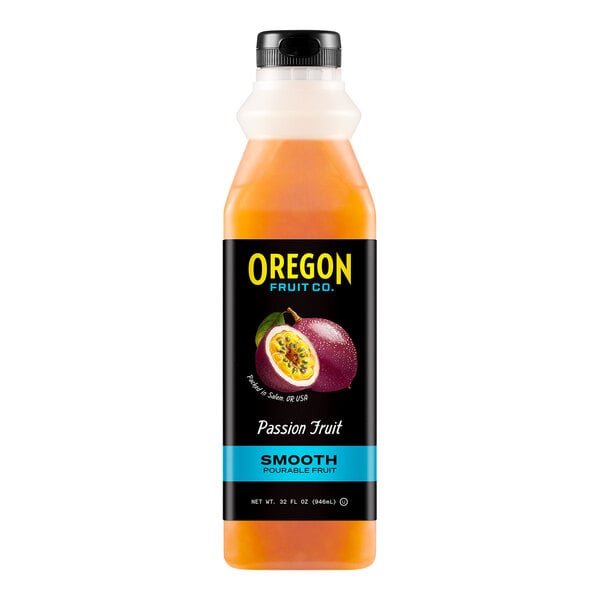 An Oregon Passion Fruit Smoothie Puree bottle on a table.