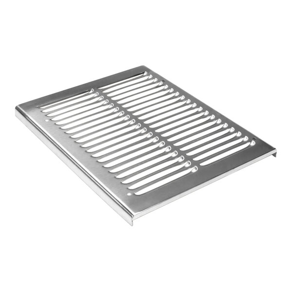 A silver metal panel with a metal grate with holes.