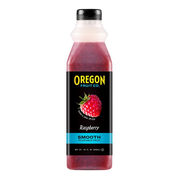 An Oregon Raspberry Smooth Pourable Fruit bottle with a label.