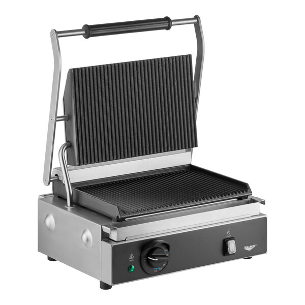 A commercial panini grill with grooved cast iron plates and a stainless steel body.