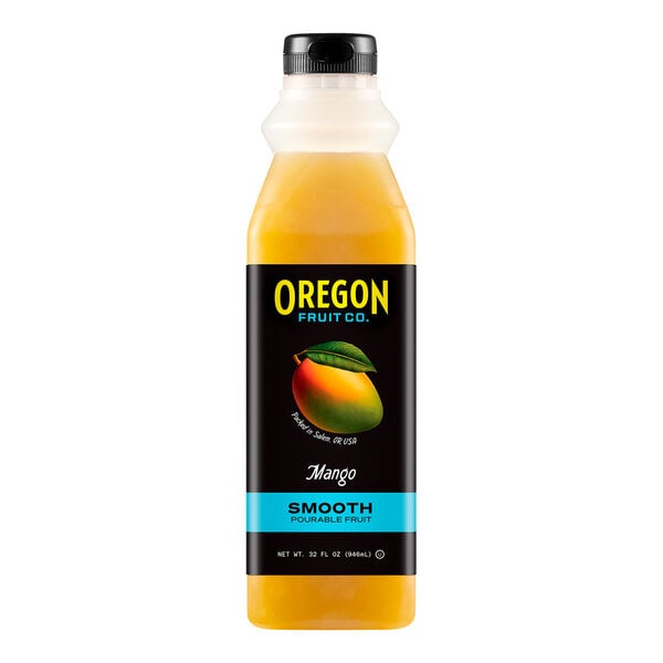 A yellow bottle of Oregon Mango Smooth Pourable Fruit with a black label.