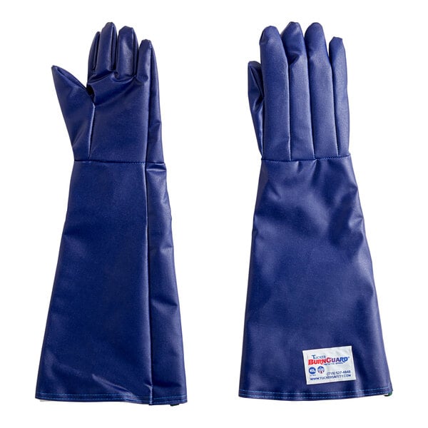 A pair of blue Tucker Safety QuicKlean gloves with white stitching.