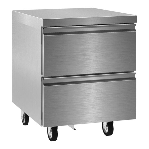 A stainless steel Delfield undercounter refrigerator with 2 drawers on wheels.