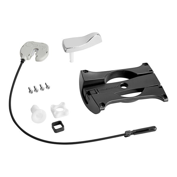 A black and white Flushmate handle replacement kit with screws and a screwdriver.