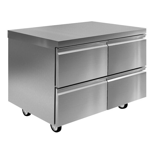 A stainless steel Delfield undercounter refrigerator with 6 drawers.