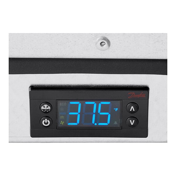 A Delfield undercounter refrigerator with a digital display showing numbers.