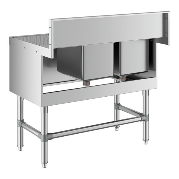 A Regency stainless steel underbar sink with two bowls and a drainboard.