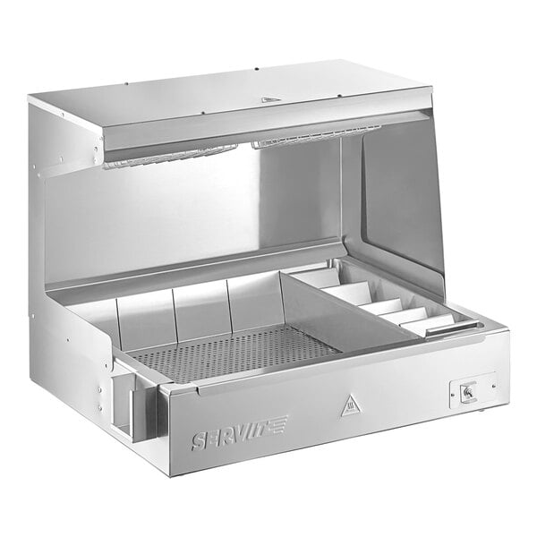 A ServIt stainless steel fry dump holding station on a counter with the lid open.