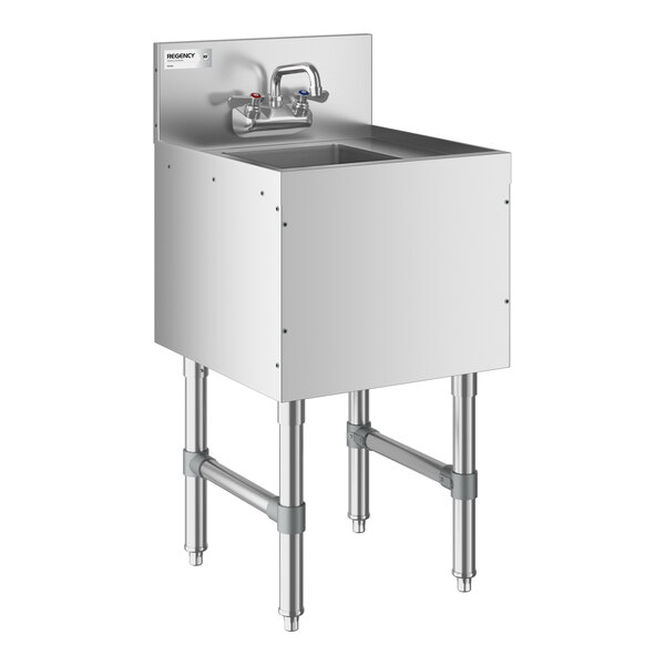 A stainless steel single-basin sink with a backsplash, faucet, and four sturdy legs.