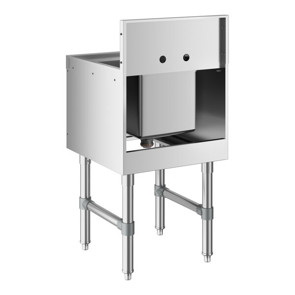 A stainless steel hand sink unit with four sturdy legs, a backsplash with two faucet holes, and an open space beneath the sink bowl.