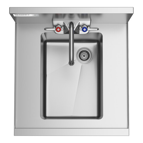 A top-down view of a stainless steel sink with a single bowl, a faucet, and separate hot and cold water handles.