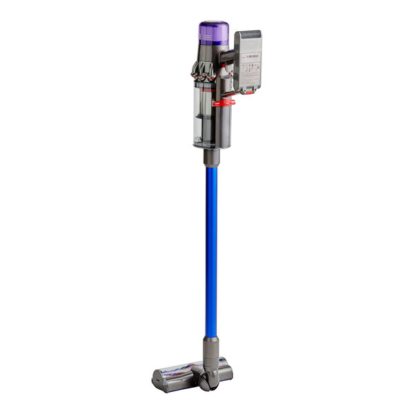 A Dyson V11 cordless stick vacuum with a blue pole.