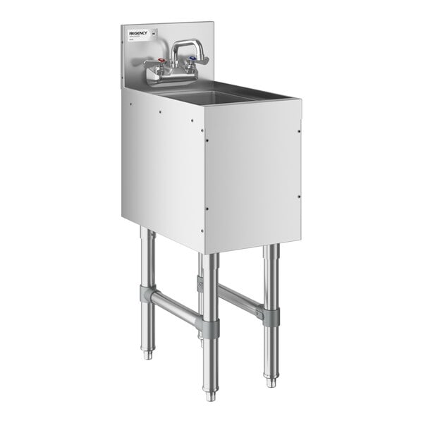 A stainless steel hand sink with a backsplash, faucet, and four sturdy legs.