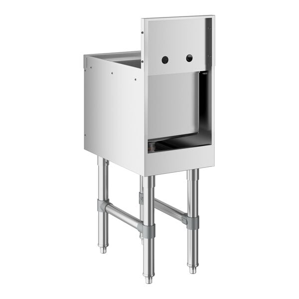 A stainless steel hand sink with a rectangular basin, high backsplash, and four sturdy legs.