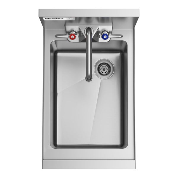 A top-down view of a stainless steel sink with a faucet and two handles, one red and one blue, indicating hot and cold water.