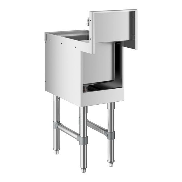 A stainless steel hand sink with a backsplash, elevated on four sturdy legs with cross supports, and featuring an open front and a faucet.