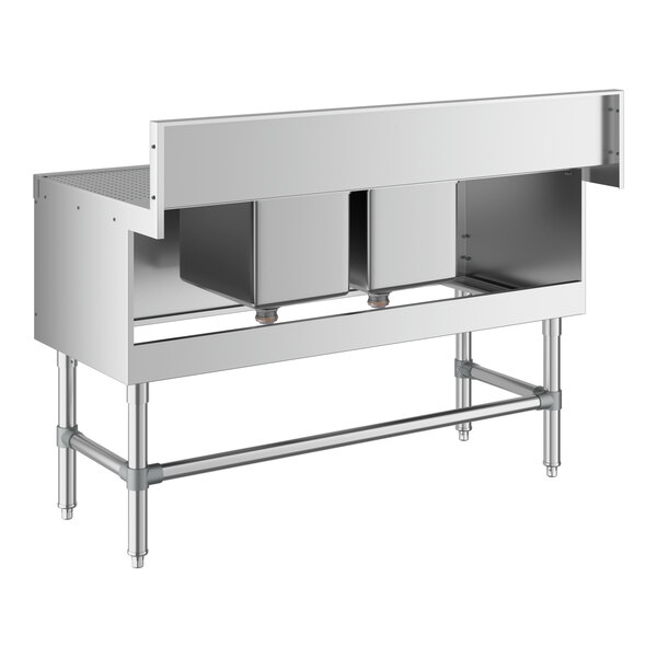 A Regency stainless steel underbar sink with two bowls, two drainboards, and faucet.