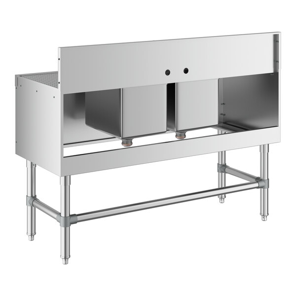 A Regency stainless steel underbar sink with two drainboards and two bowls.