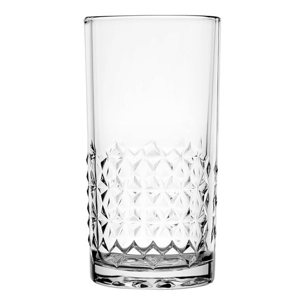 A close-up of a Libbey clear glass with a diamond pattern.