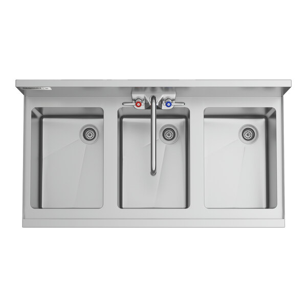 A Regency stainless steel underbar sink with three bowls and faucets.