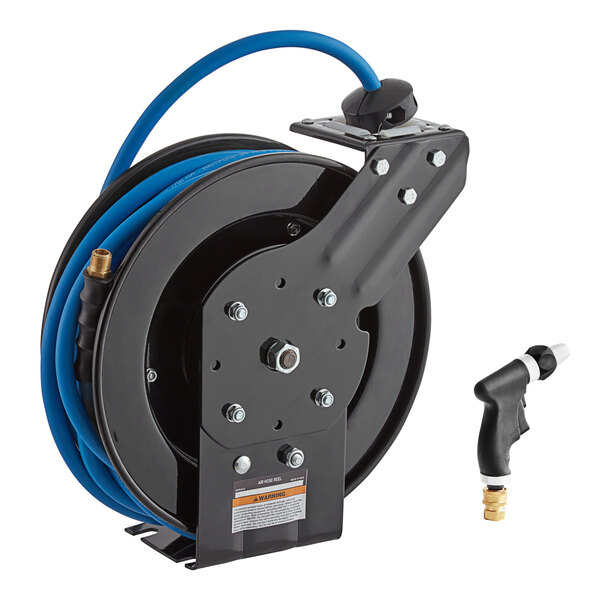 A white powder-coated Regency steel hose reel with a black, blue, and steel hose and nozzle.