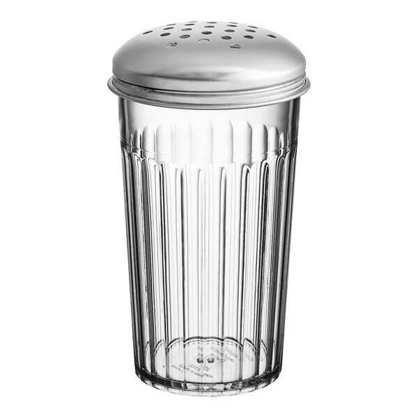 A clear glass Carlisle cheese shaker with a metal lid.