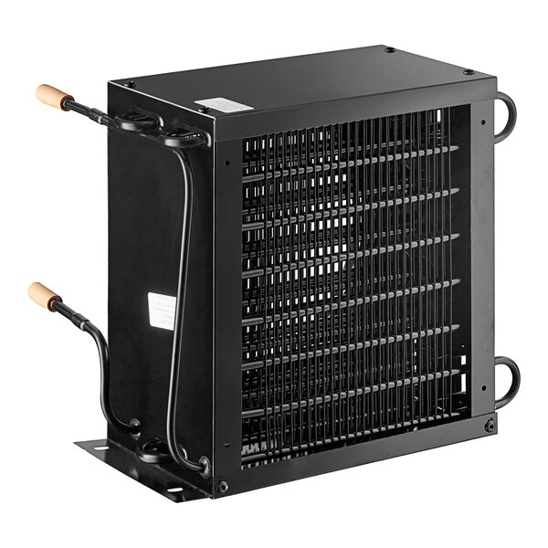 A black rectangular Avantco condenser coil with wires and a metal grid.