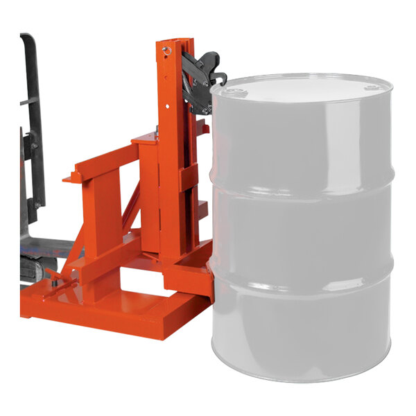 A white barrel being lifted by a forklift with a Wesco Industrial Products drum grabber attachment.