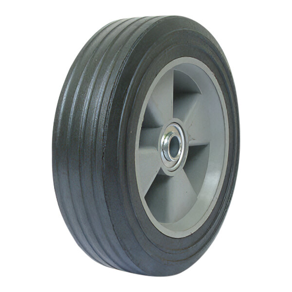 A close-up of the metal rim on a black rubber wheel for a Wesco Hand Truck.