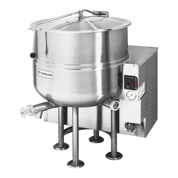 A large stainless steel stationary steam jacketed kettle with a lid, spout, and control panel, designed for commercial cooking.