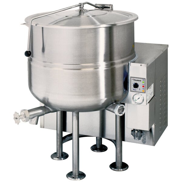 A large stainless steel Cleveland stationary steam kettle with a lid.
